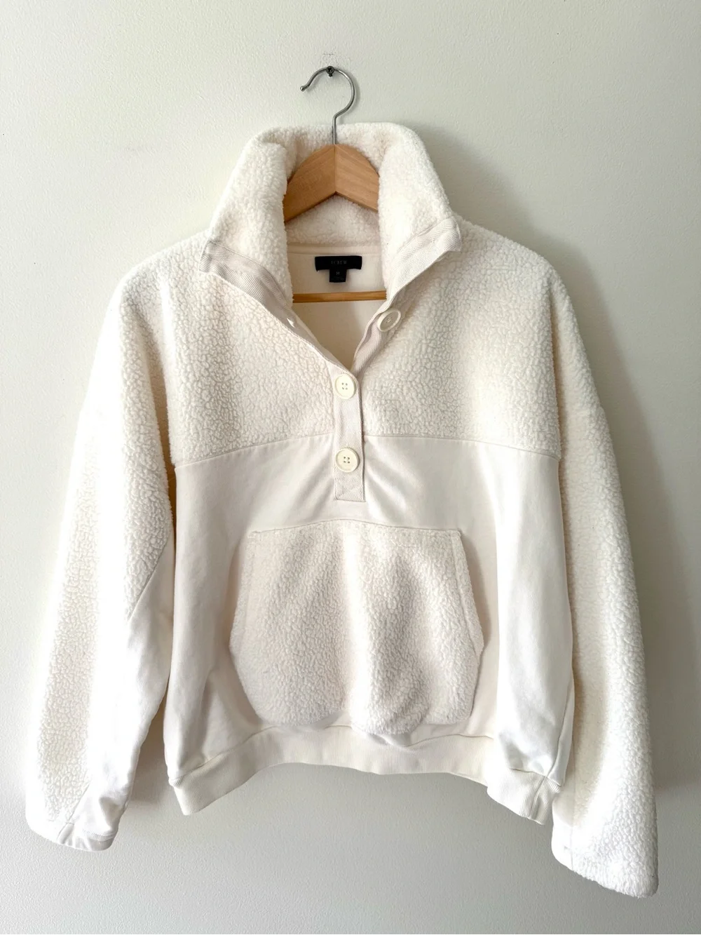 J Crew Teddy Sherpa Button Sweatshirt M Cozy Après Ski Minimalist Cream Ivory